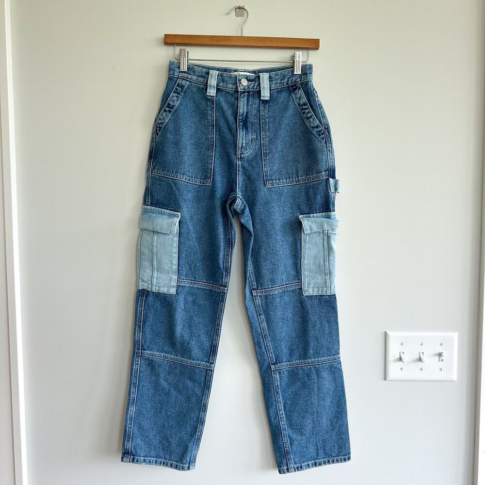 Pacsun High Rise Denim Zip Front Utility Cargo Jeans Blue 25